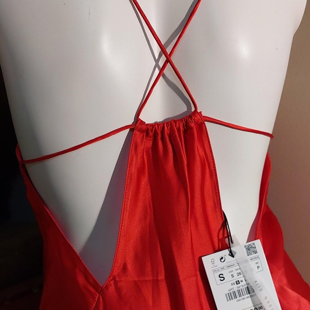 ZARA True Red, 100% Silk, Thin-Strappy, Fit-n-Flare, Maxi Slip Dress; Size: S - Picture 6 of 7